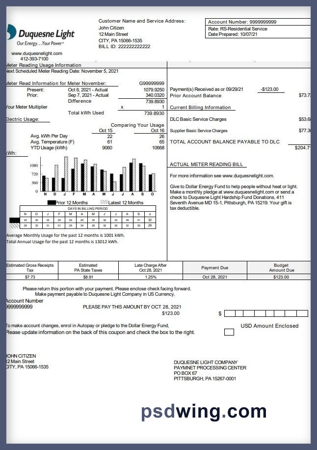 USA Pennsylvania Duquesne Light Company Utility Bill